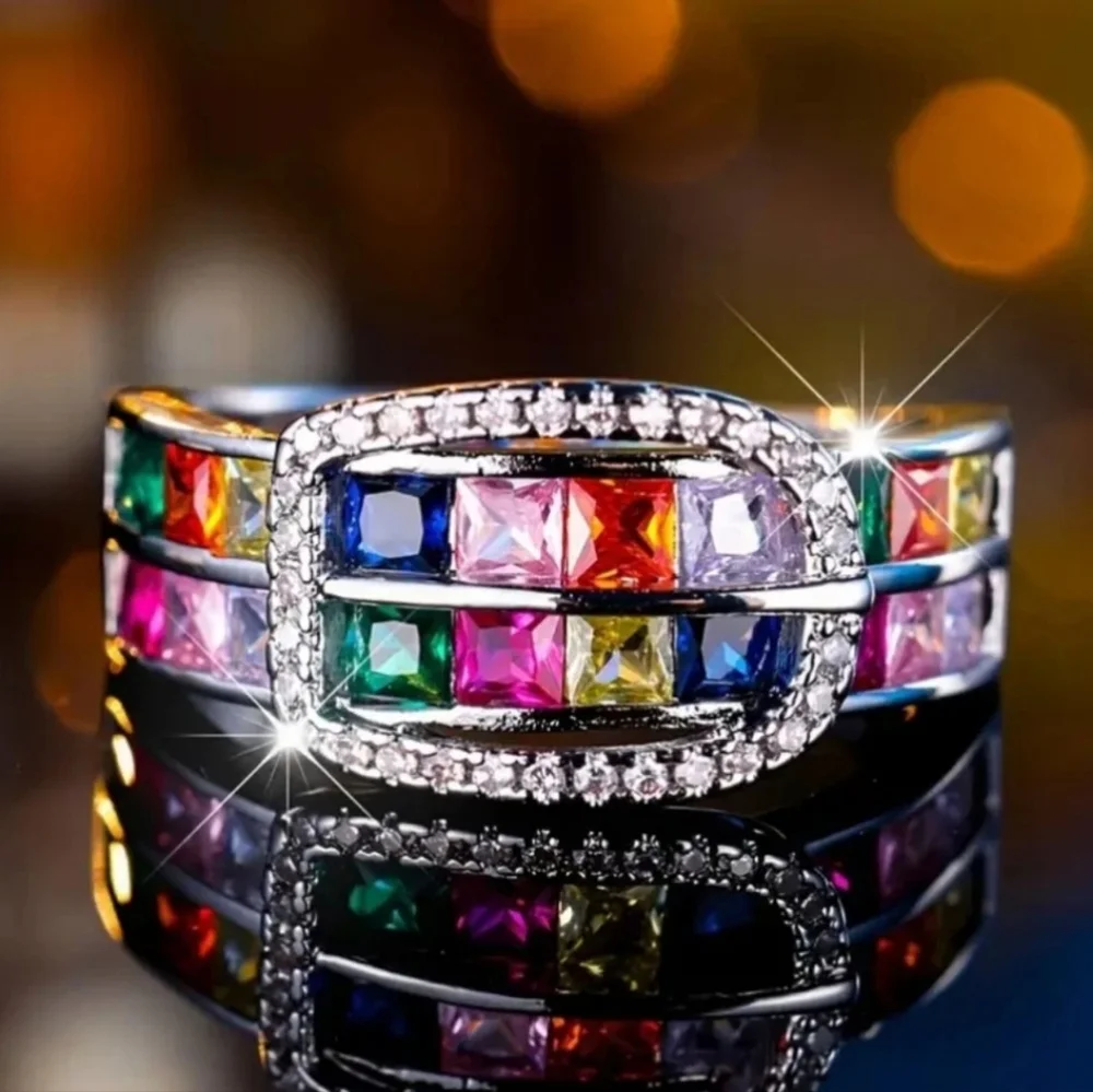 Ladies Multi Color Shimmering Gemstone Belt Buckle Design Bohemian Ring